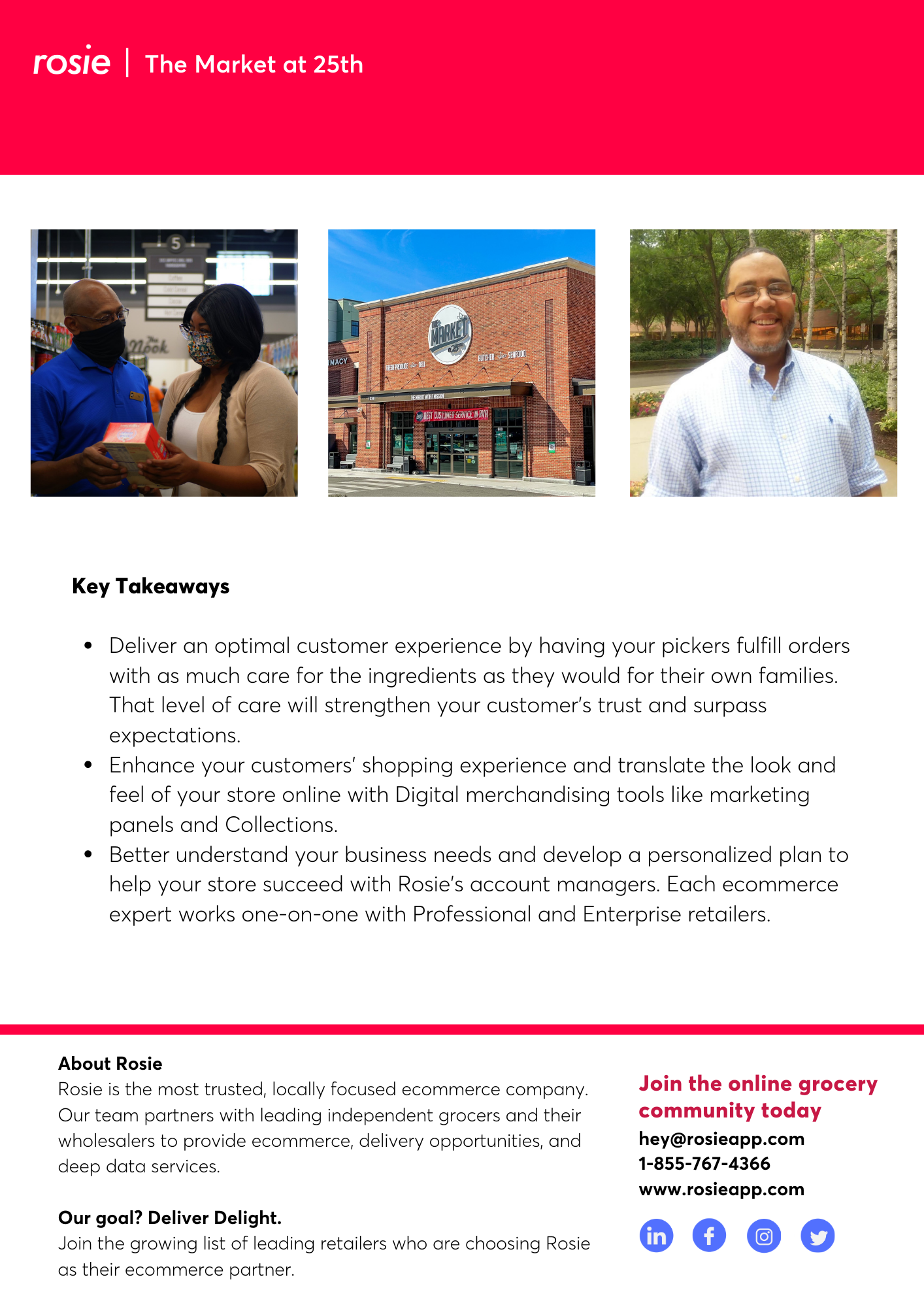 Second page of The Market at 25th case study with key takeaways and images of the store and employees.